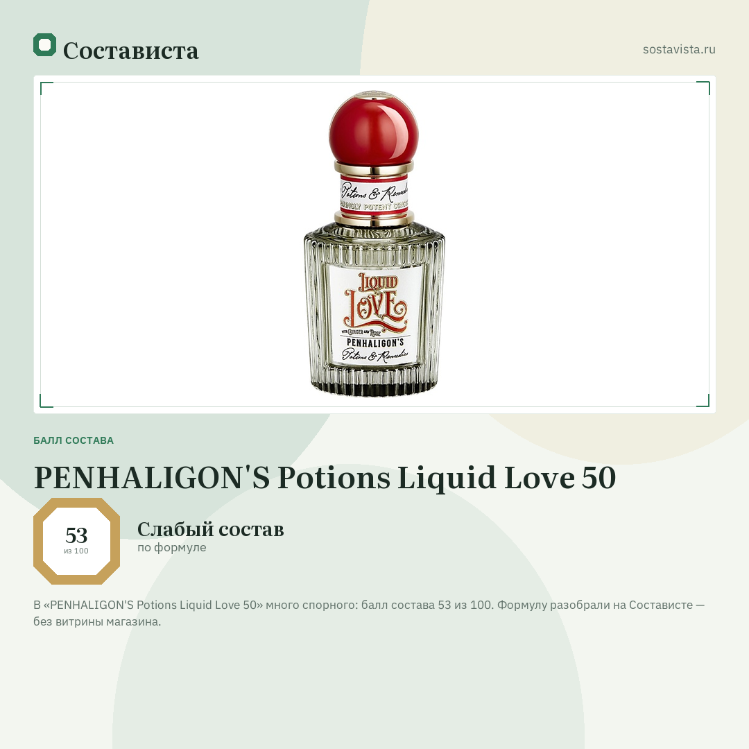 PENHALIGON'S Potions Liquid Love 50: балл состава 53 из 100 — Состависта