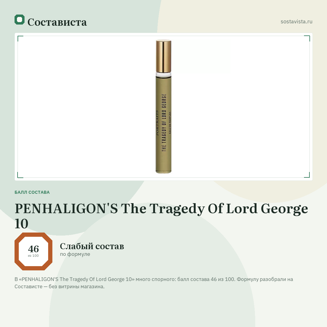 PENHALIGON'S The Tragedy Of Lord George 10: балл состава 46 из 100 — Состависта