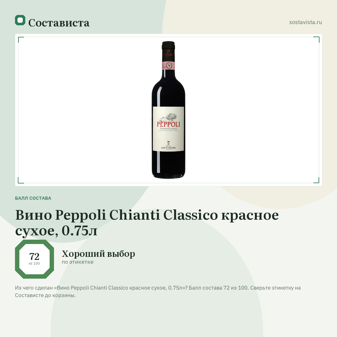Вино Peppoli Chianti Classico красное сухое, 0.75л: балл состава 72 из 100 — Состависта