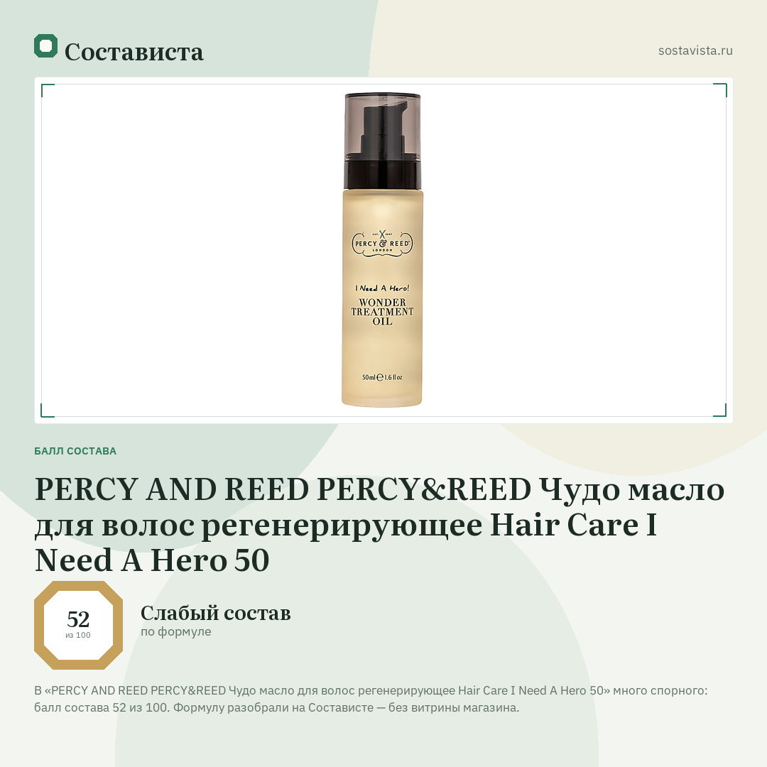 PERCY AND REED PERCY&REED Чудо масло для волос регенерирующее Hair Care I Need A Hero 50: балл состава 52 из 100 — Состависта