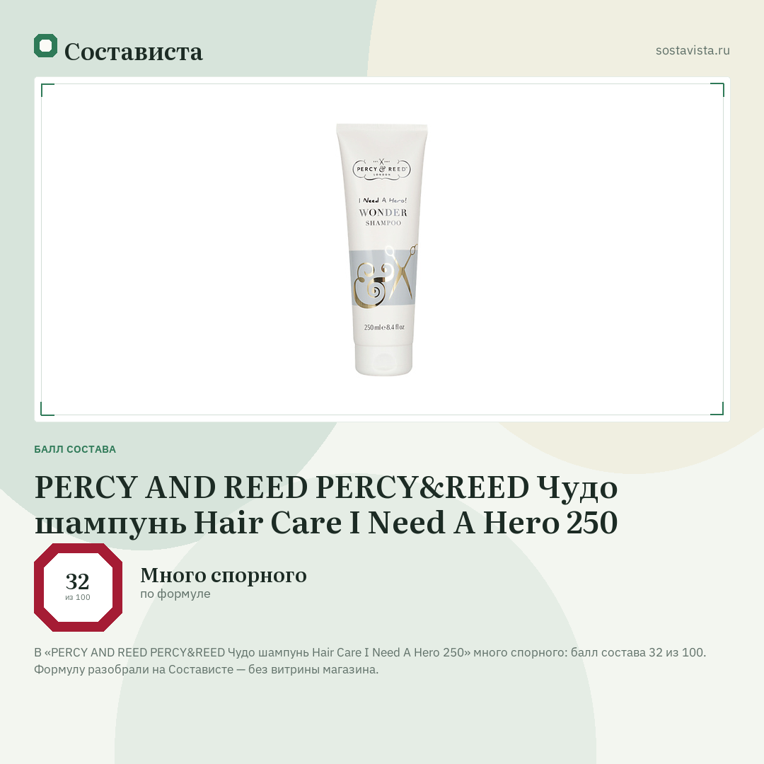 PERCY AND REED PERCY&REED Чудо шампунь Hair Care I Need A Hero 250: балл состава 32 из 100 — Состависта