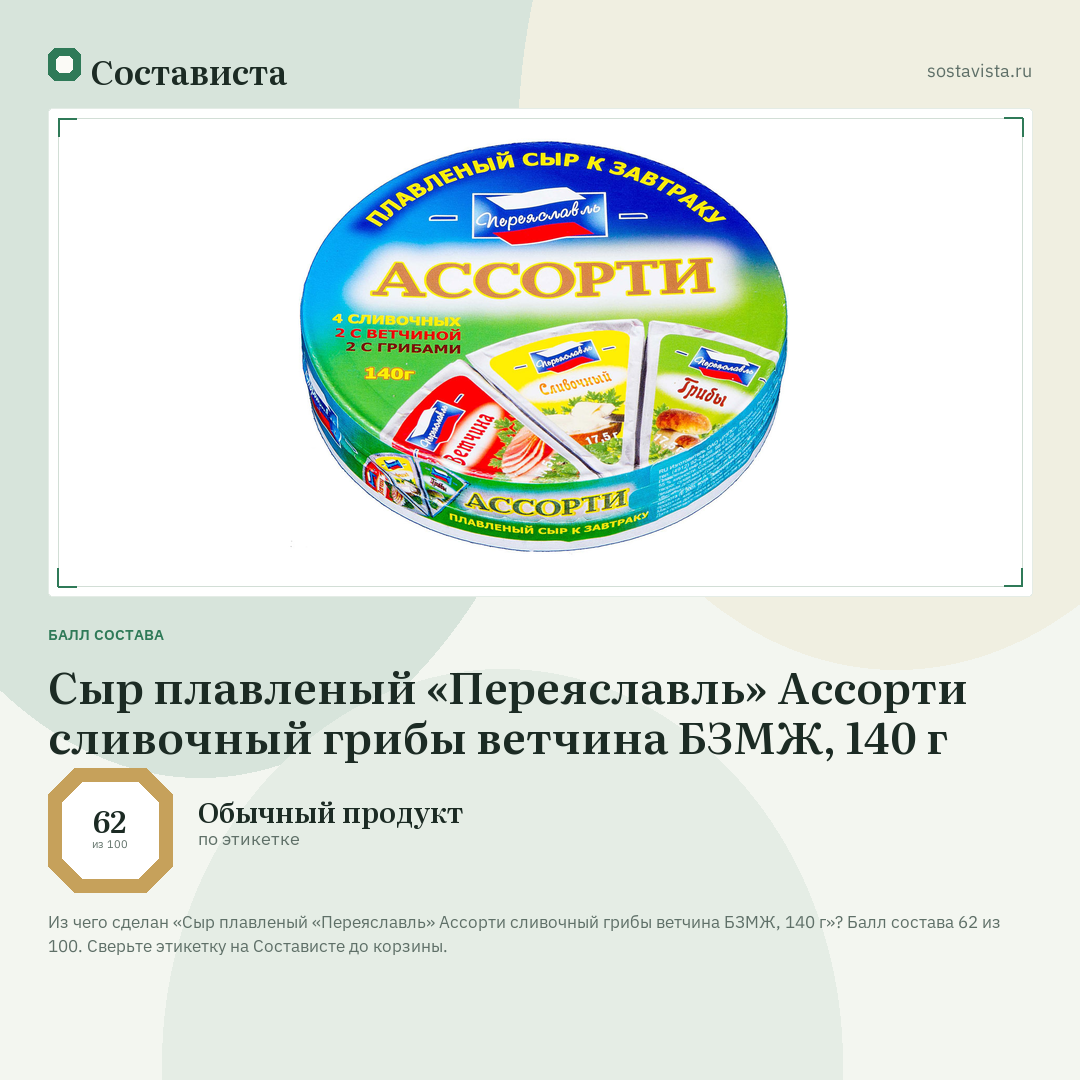 Сыр плавленый «Переяславль» Ассорти сливочный грибы ветчина БЗМЖ, 140 г: балл состава 62 из 100 — Состависта