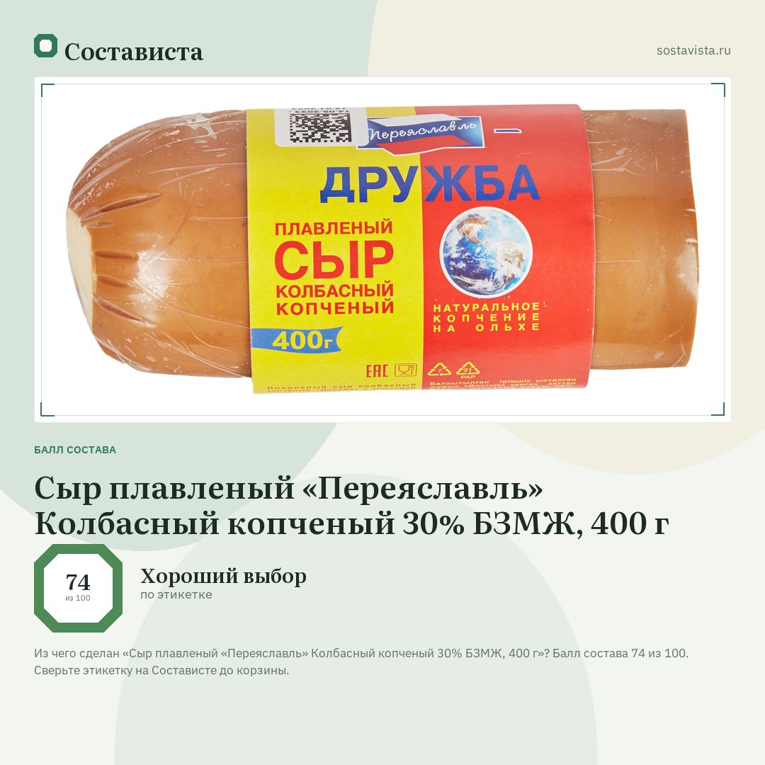 Сыр плавленый «Переяславль» Колбасный копченый 30% БЗМЖ, 400 г: балл состава 74 из 100 — Состависта