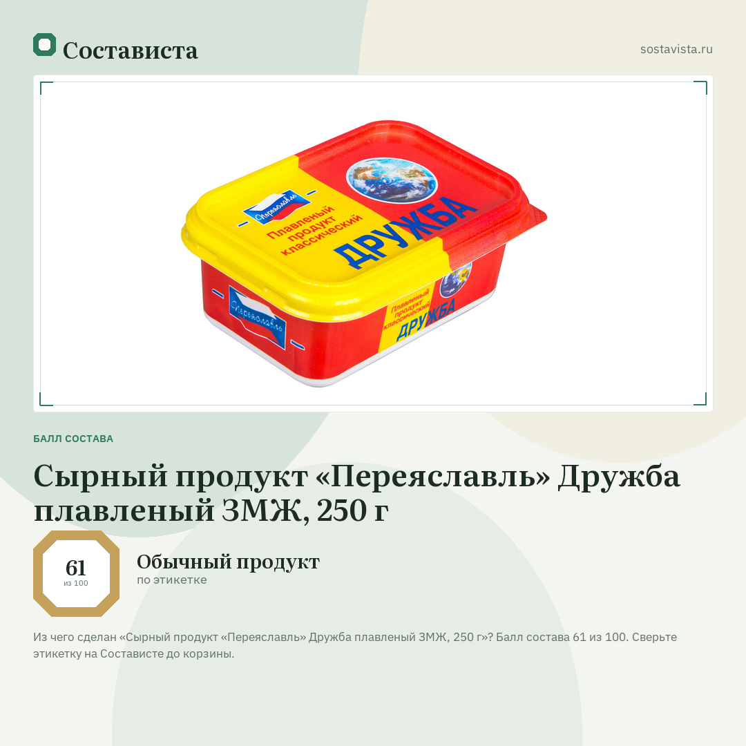 Сырный продукт «Переяславль» Дружба плавленый ЗМЖ, 250 г: балл состава 61 из 100 — Состависта
