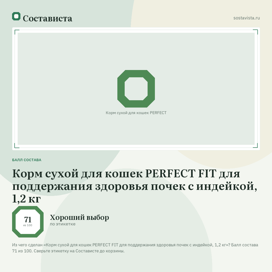 Корм сухой для кошек PERFECT FIT для поддержания здоровья почек с индейкой, 1,2 кг: балл состава 71 из 100 — Состависта