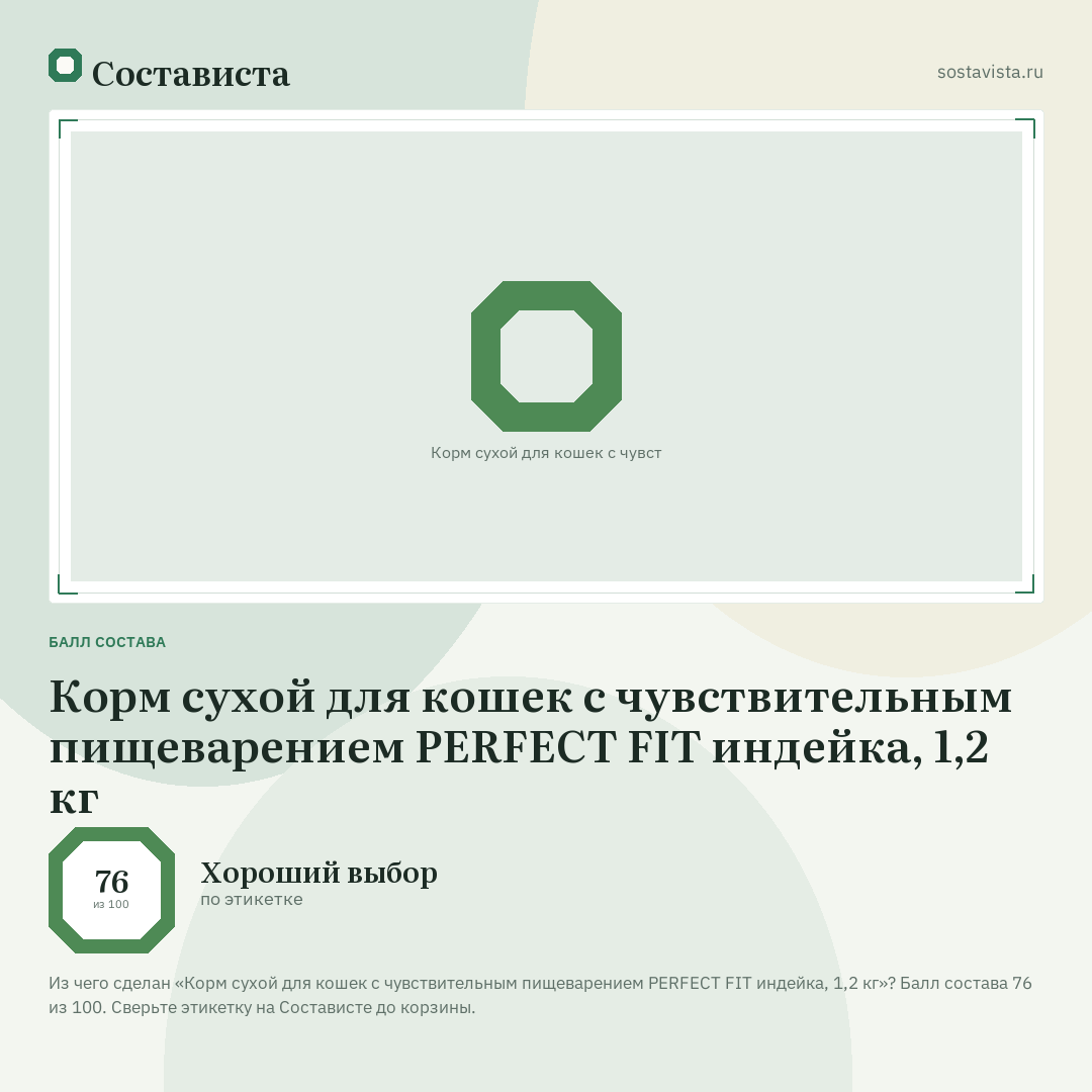 Корм сухой для кошек с чувствительным пищеварением PERFECT FIT индейка, 1,2 кг: балл состава 76 из 100 — Состависта