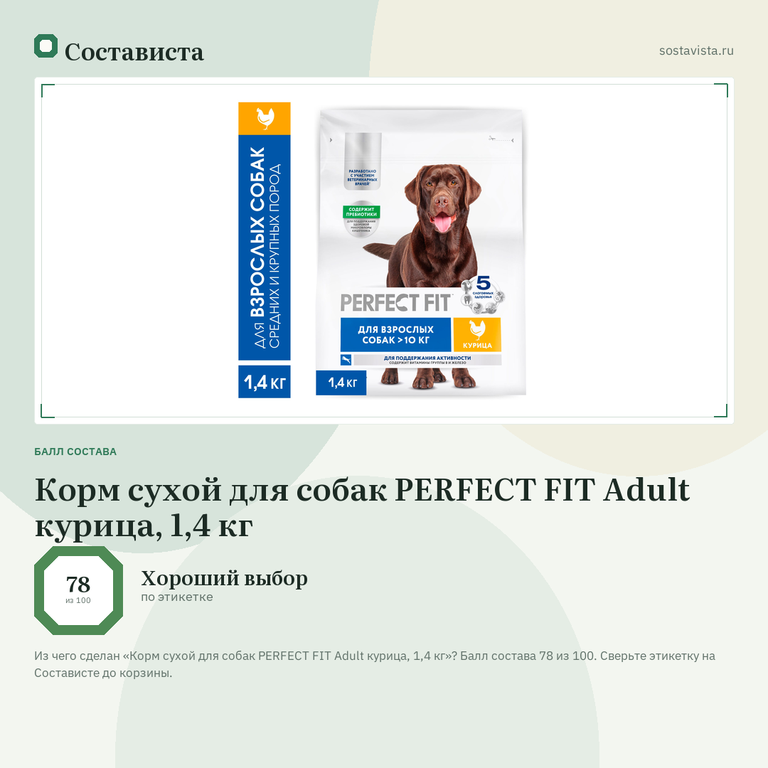 Корм сухой для собак PERFECT FIT Adult курица, 1,4 кг: балл состава 78 из 100 — Состависта
