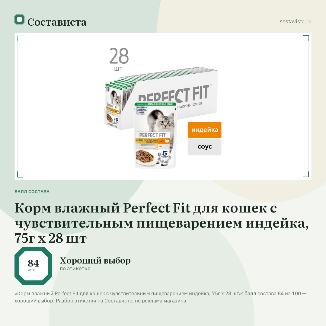 Корм влажный Perfect Fit для кошек с чувствительным пищеварением индейка, 75г x 28 шт: балл состава 84 из 100 — Состависта