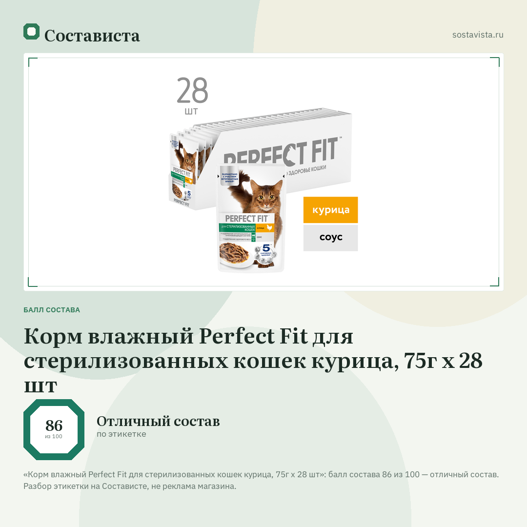 Корм влажный Perfect Fit для стерилизованных кошек курица, 75г x 28 шт: балл состава 86 из 100 — Состависта