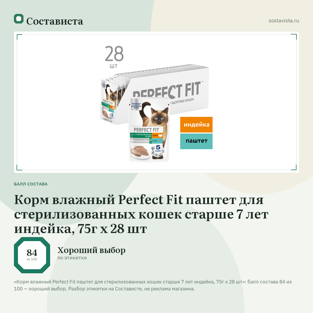 Корм влажный Perfect Fit паштет для стерилизованных кошек старше 7 лет индейка, 75г x 28 шт: балл состава 84 из 100 — Состависта