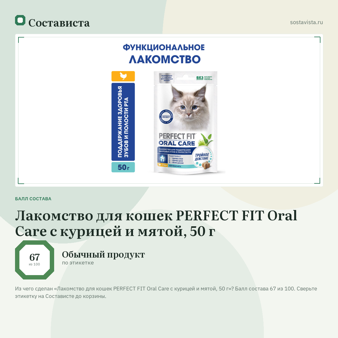 Лакомство для кошек PERFECT FIT Oral Care с курицей и мятой, 50 г: балл состава 67 из 100 — Состависта