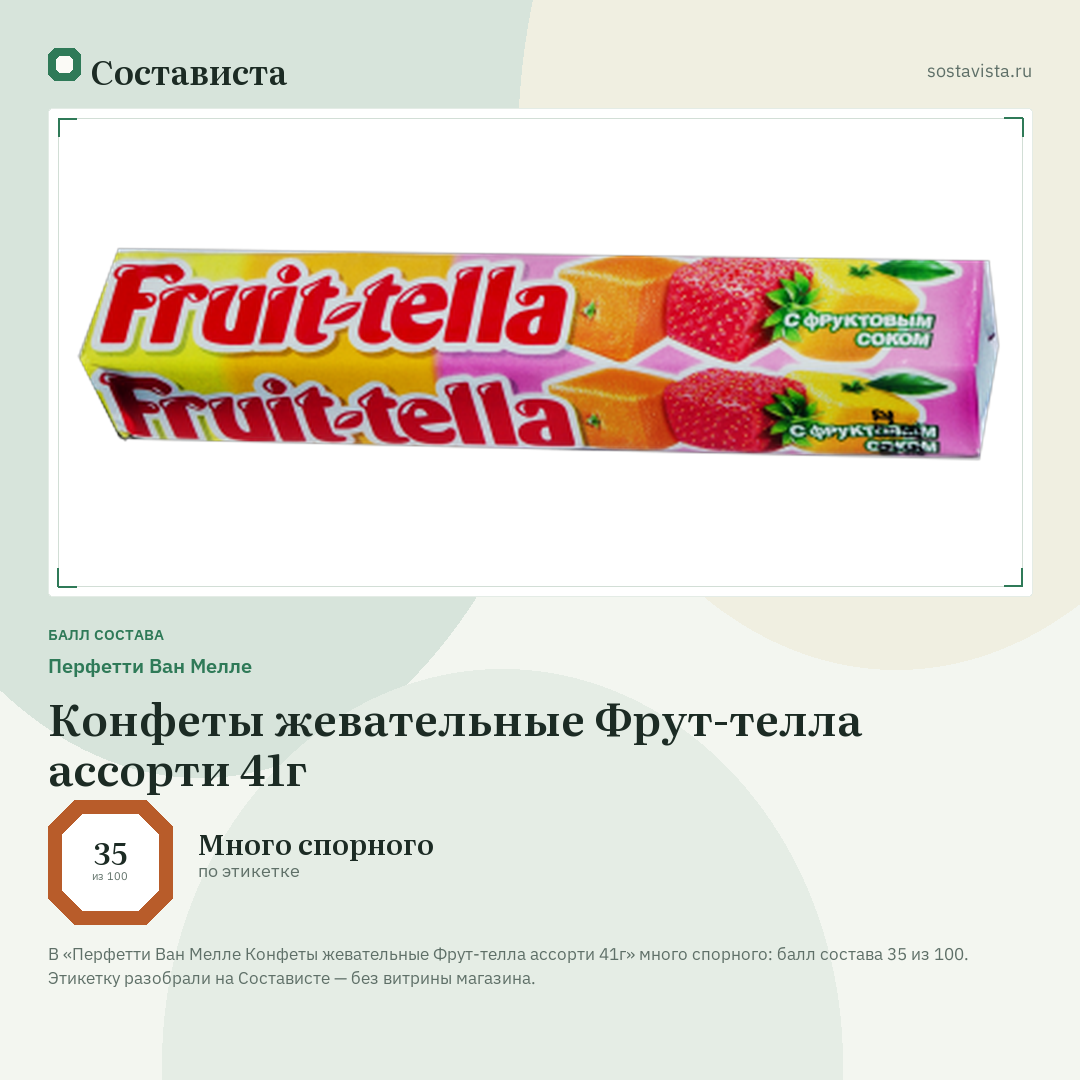 Перфетти Ван Мелле Конфеты жевательные Фрут-телла ассорти 41г: балл состава 35 из 100 — Состависта