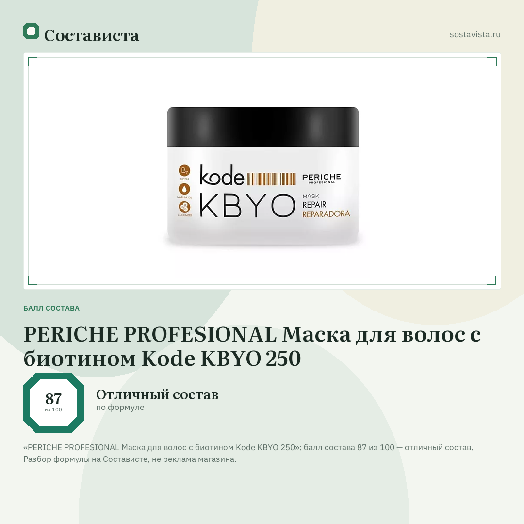 PERICHE PROFESIONAL Маска для волос с биотином Kode KBYO 250: балл состава 87 из 100 — Состависта