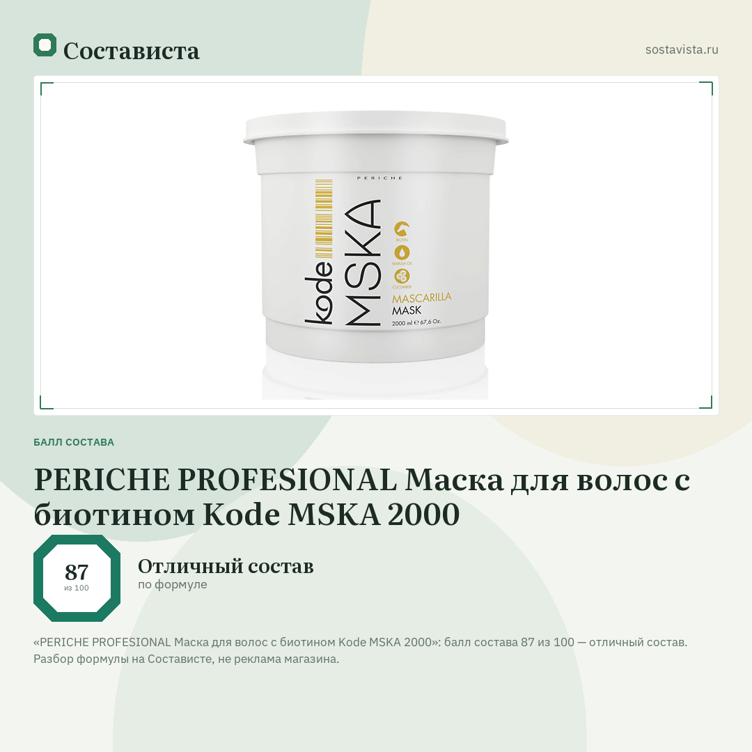 PERICHE PROFESIONAL Маска для волос с биотином Kode MSKA 2000: балл состава 87 из 100 — Состависта