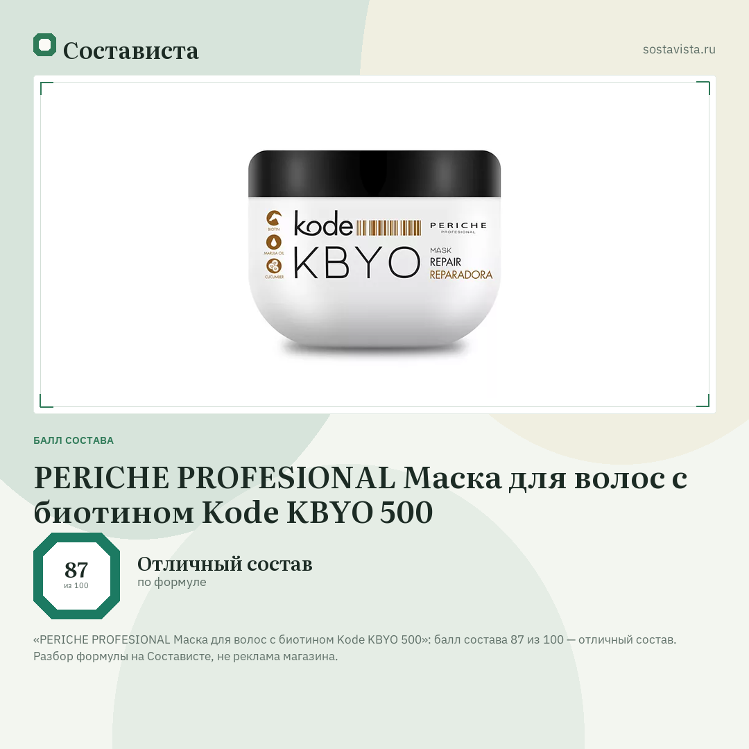 PERICHE PROFESIONAL Маска для волос с биотином Kode KBYO 500: балл состава 87 из 100 — Состависта