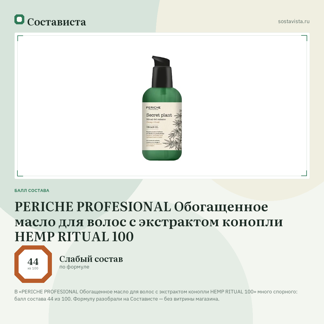 PERICHE PROFESIONAL Обогащенное масло для волос с экстрактом конопли HEMP RITUAL 100: балл состава 44 из 100 — Состависта