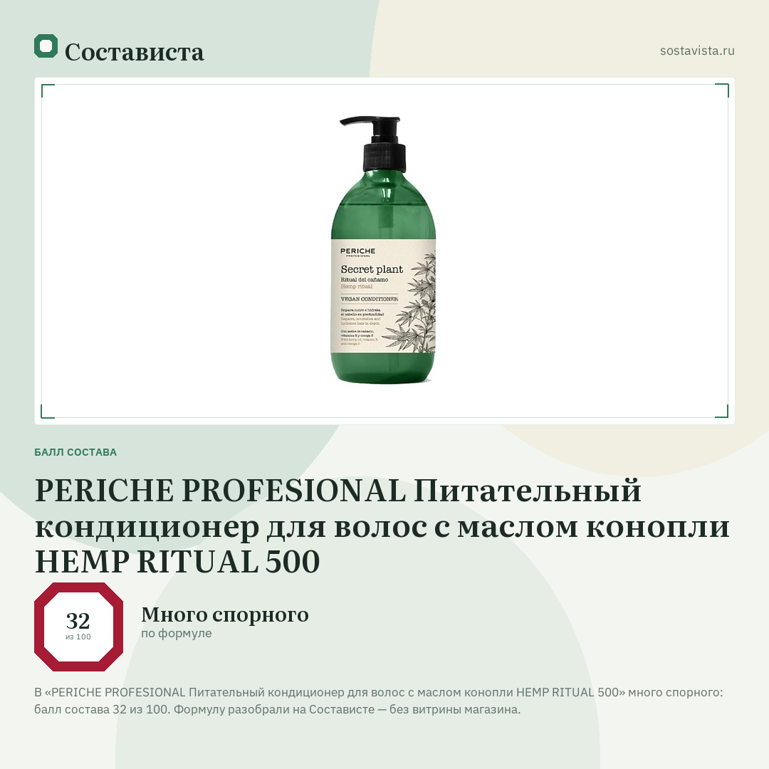 PERICHE PROFESIONAL Питательный кондиционер для волос c маслом конопли HEMP RITUAL 500: балл состава 32 из 100 — Состависта