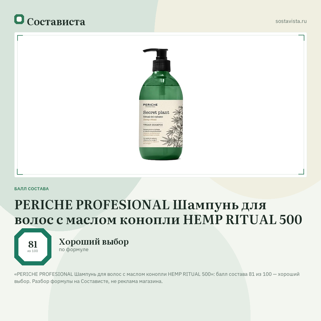 PERICHE PROFESIONAL Шампунь для волос с маслом конопли HEMP RITUAL 500: балл состава 81 из 100 — Состависта