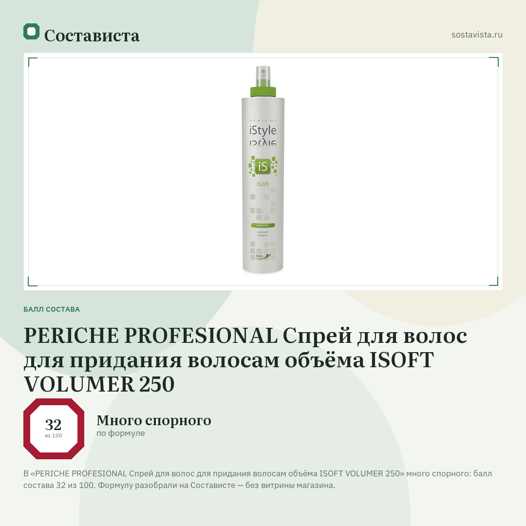 PERICHE PROFESIONAL Спрей для волос для придания волосам объёма ISOFT VOLUMER 250: балл состава 32 из 100 — Состависта