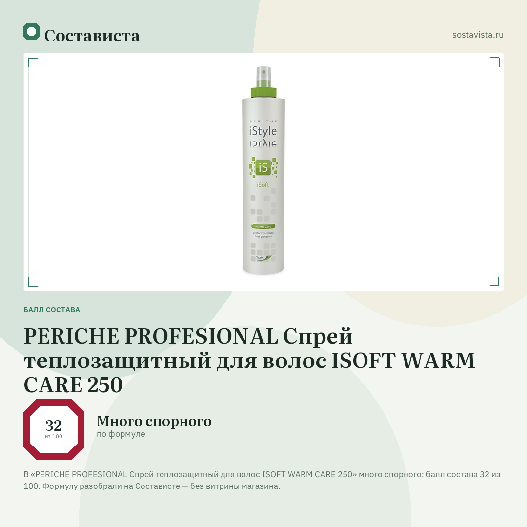 PERICHE PROFESIONAL Спрей теплозащитный для волос ISOFT WARM CARE 250: балл состава 32 из 100 — Состависта