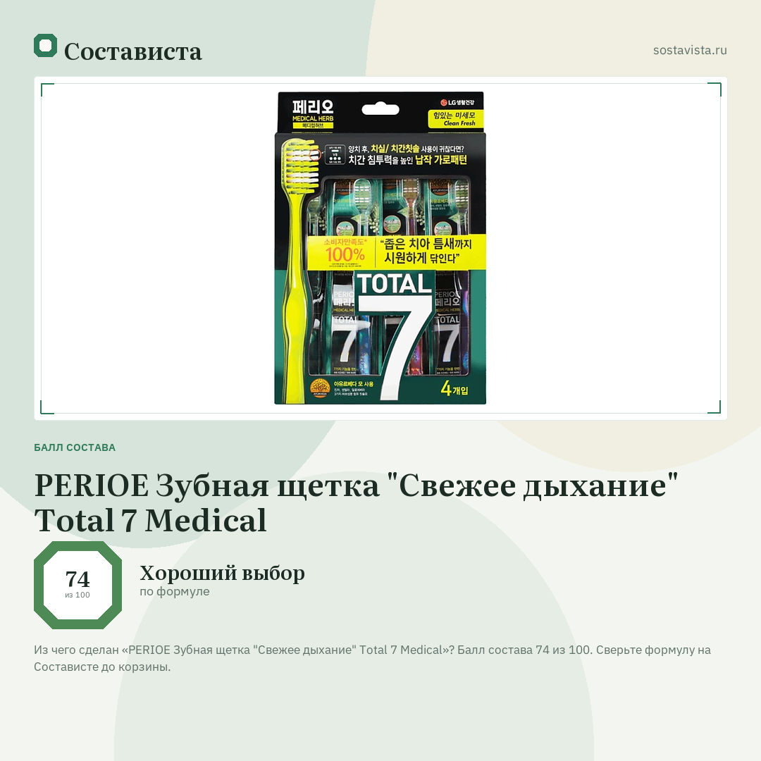 PERIOE Зубная щетка "Свежее дыхание" Total 7 Medical: балл состава 74 из 100 — Состависта