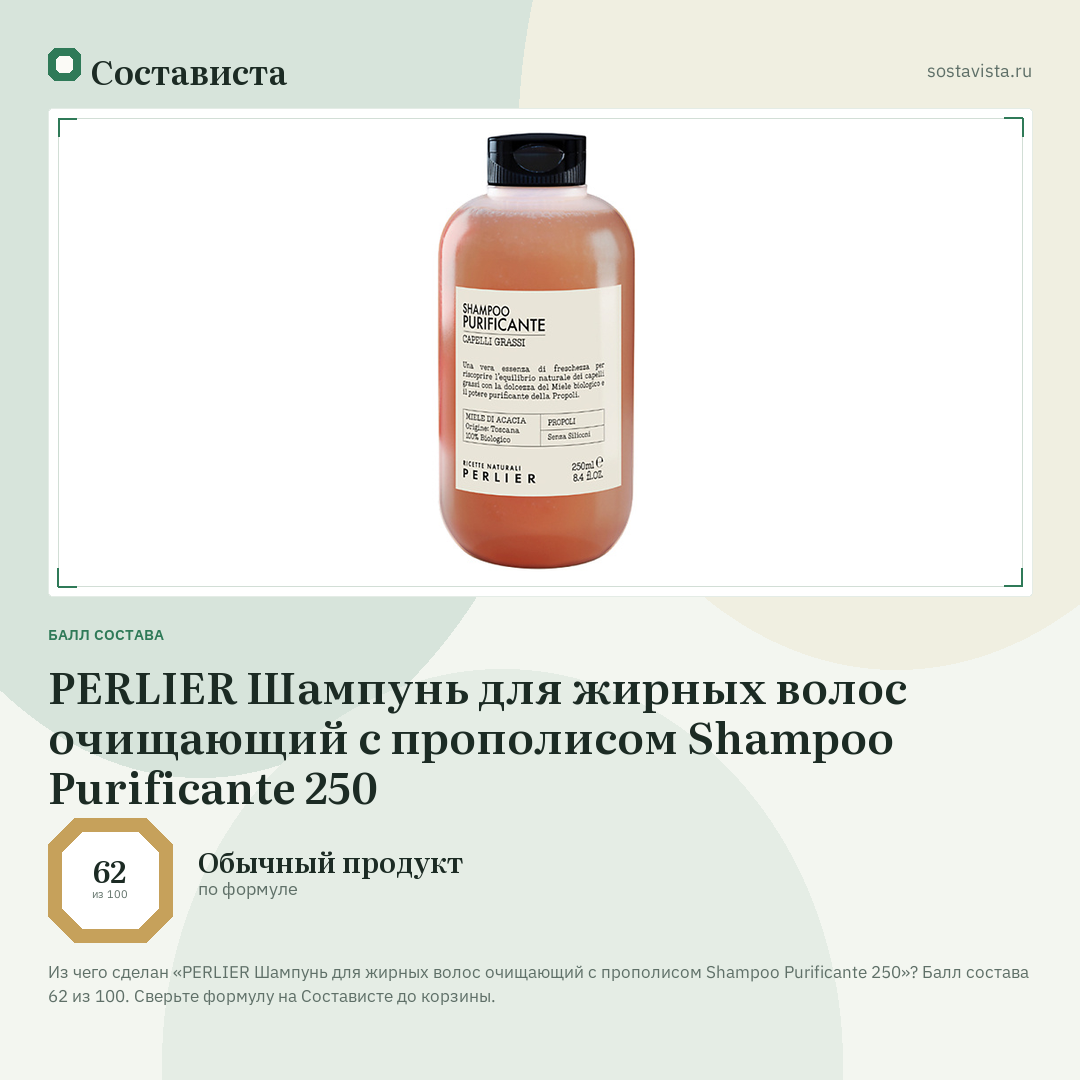 PERLIER Шампунь для жирных волос очищающий с прополисом Shampoo Purificante 250: балл состава 62 из 100 — Состависта