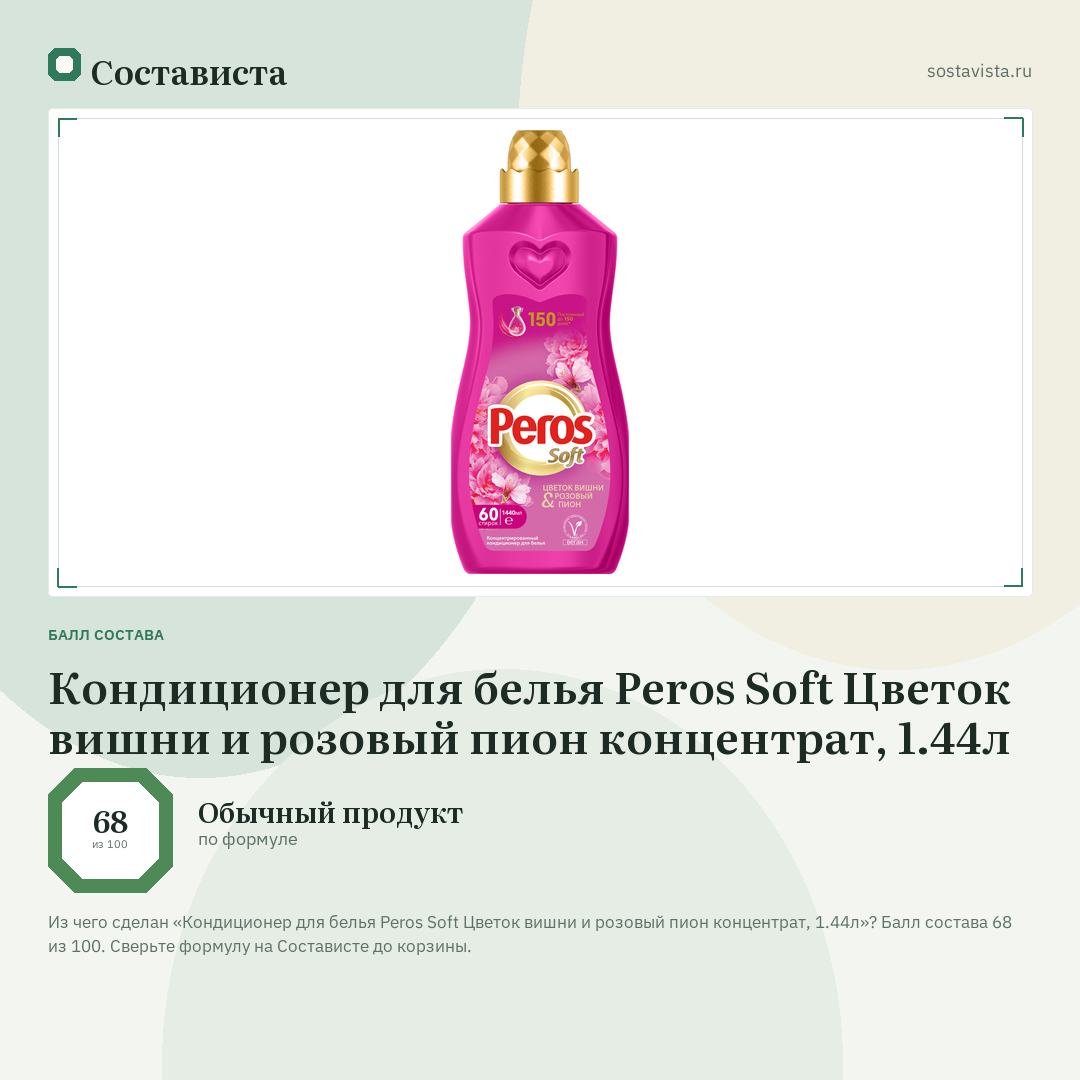 Кондиционер для белья Peros Soft Цветок вишни и розовый пион концентрат, 1.44л: балл состава 68 из 100 — Состависта