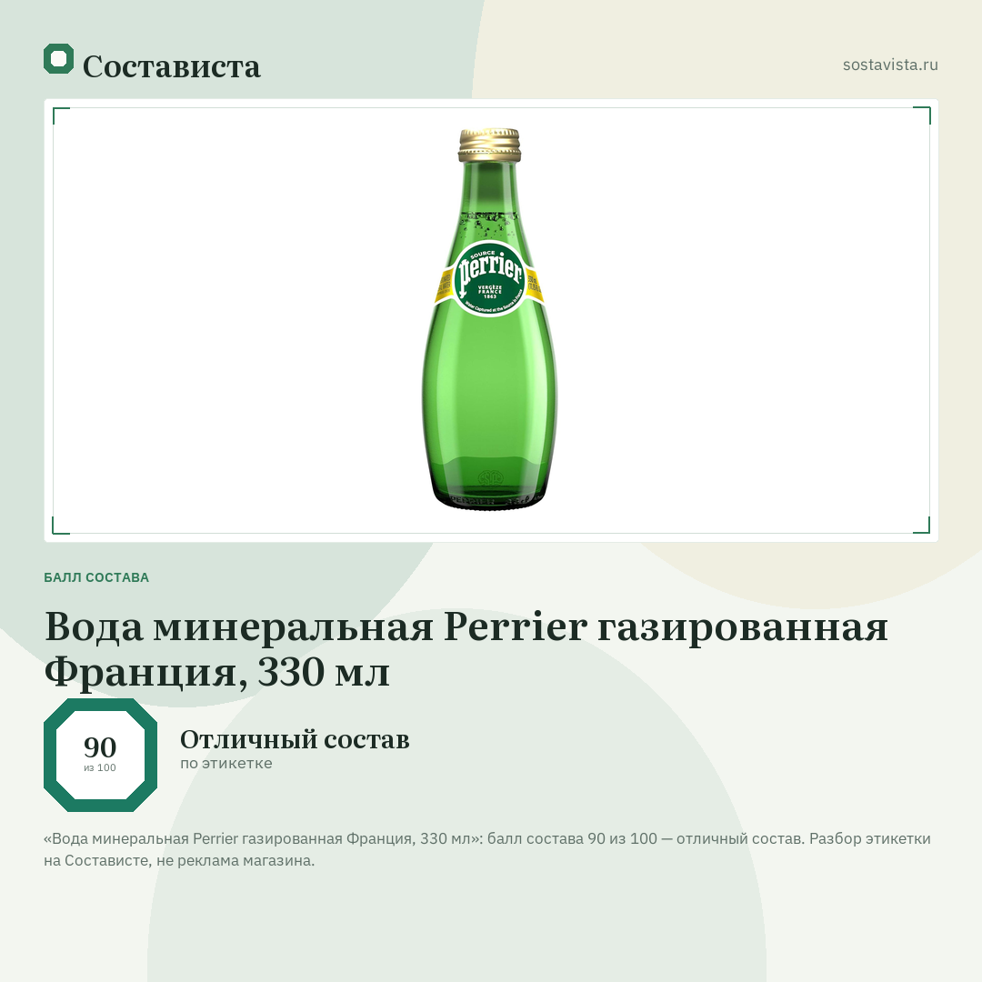 Вода минеральная Perrier газированная Франция, 330 мл: балл состава 90 из 100 — Состависта