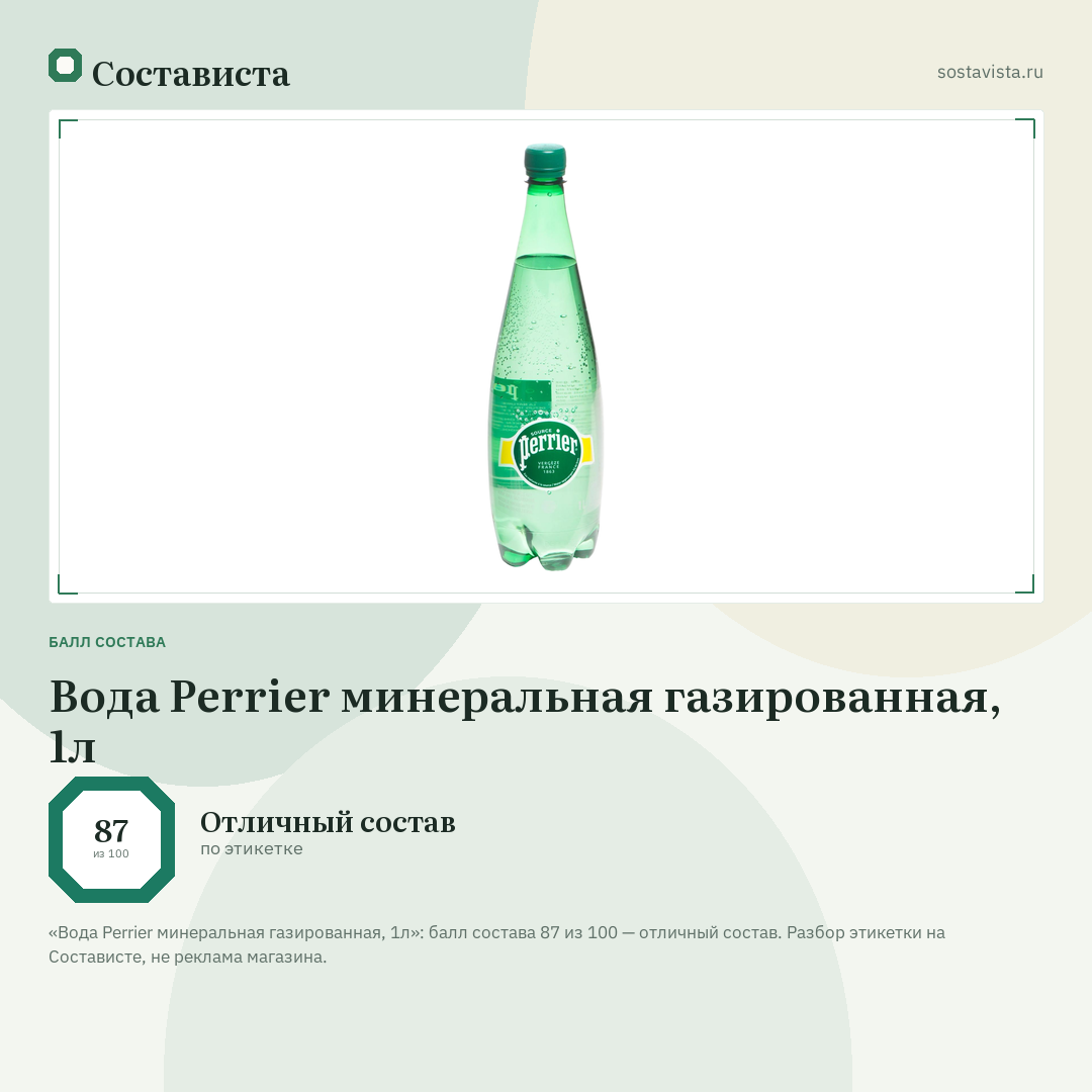 Вода Perrier минеральная газированная, 1л: балл состава 87 из 100 — Состависта