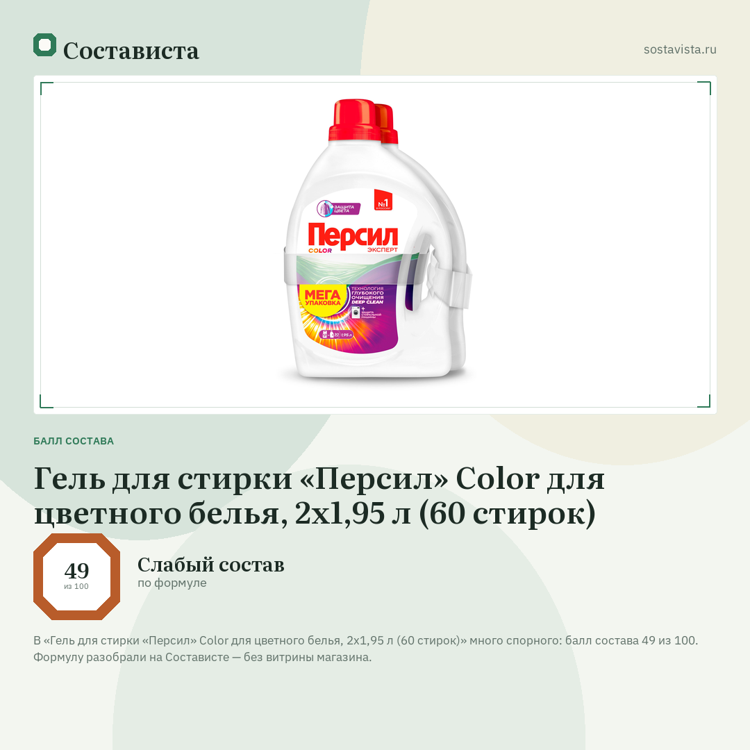 Гель для стирки «Персил» Color для цветного белья, 2х1,95 л (60 стирок): балл состава 49 из 100 — Состависта