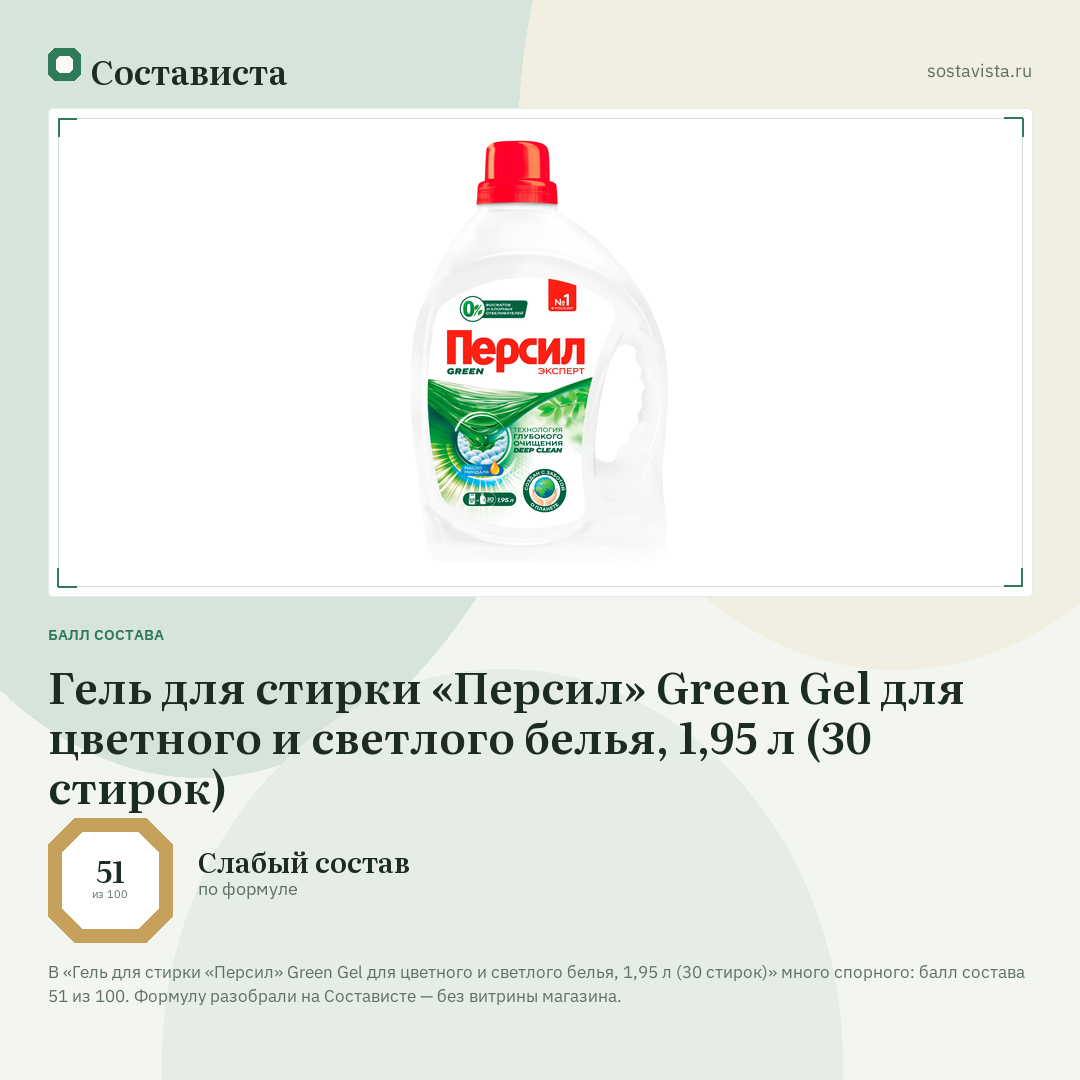 Гель для стирки «Персил» Green Gel для цветного и светлого белья, 1,95 л (30 стирок): балл состава 51 из 100 — Состависта