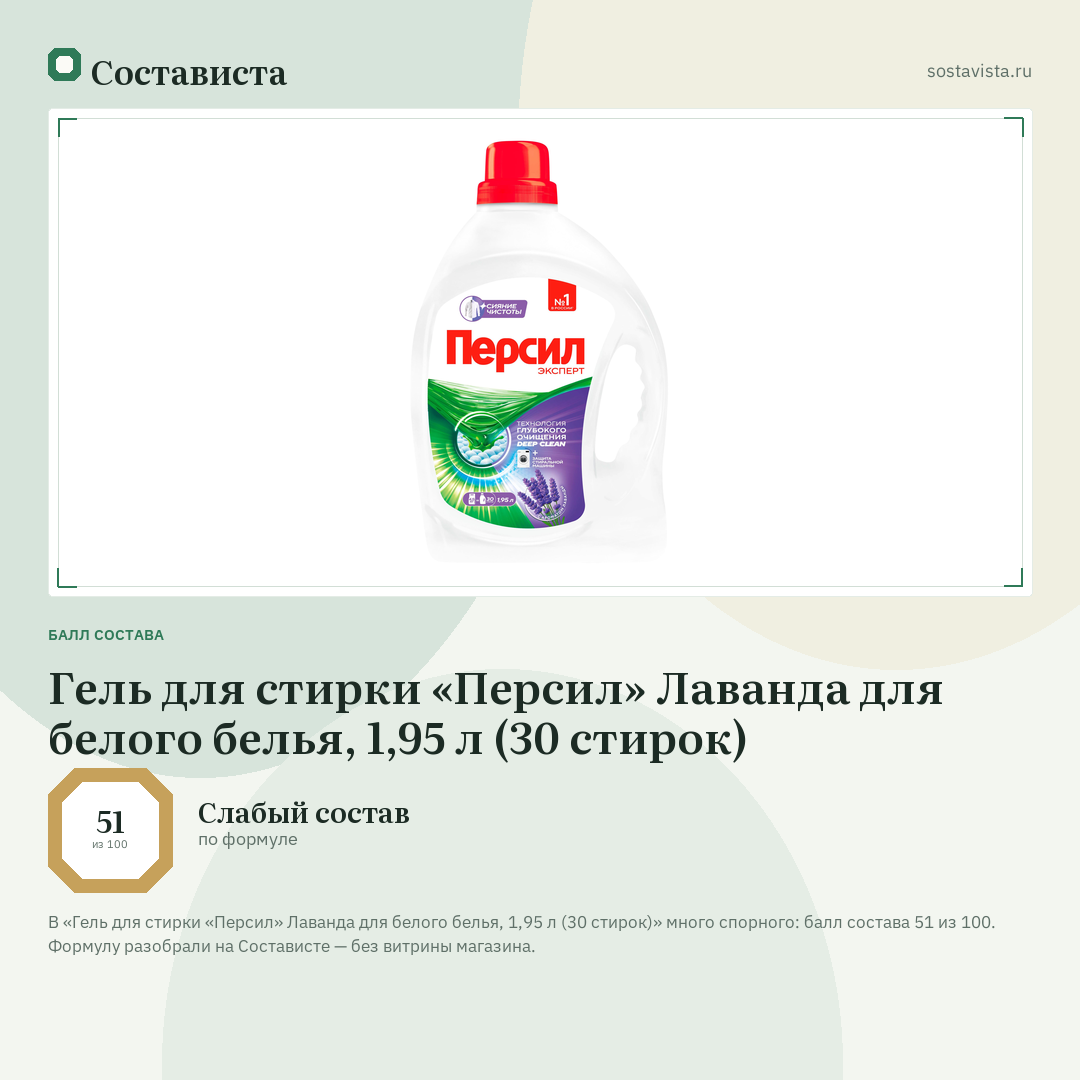 Гель для стирки «Персил» Лаванда для белого белья, 1,95 л (30 стирок): балл состава 51 из 100 — Состависта