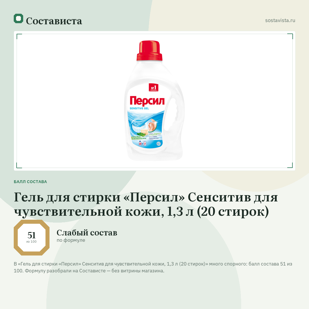 Гель для стирки «Персил» Сенситив для чувствительной кожи, 1,3 л (20 стирок): балл состава 51 из 100 — Состависта