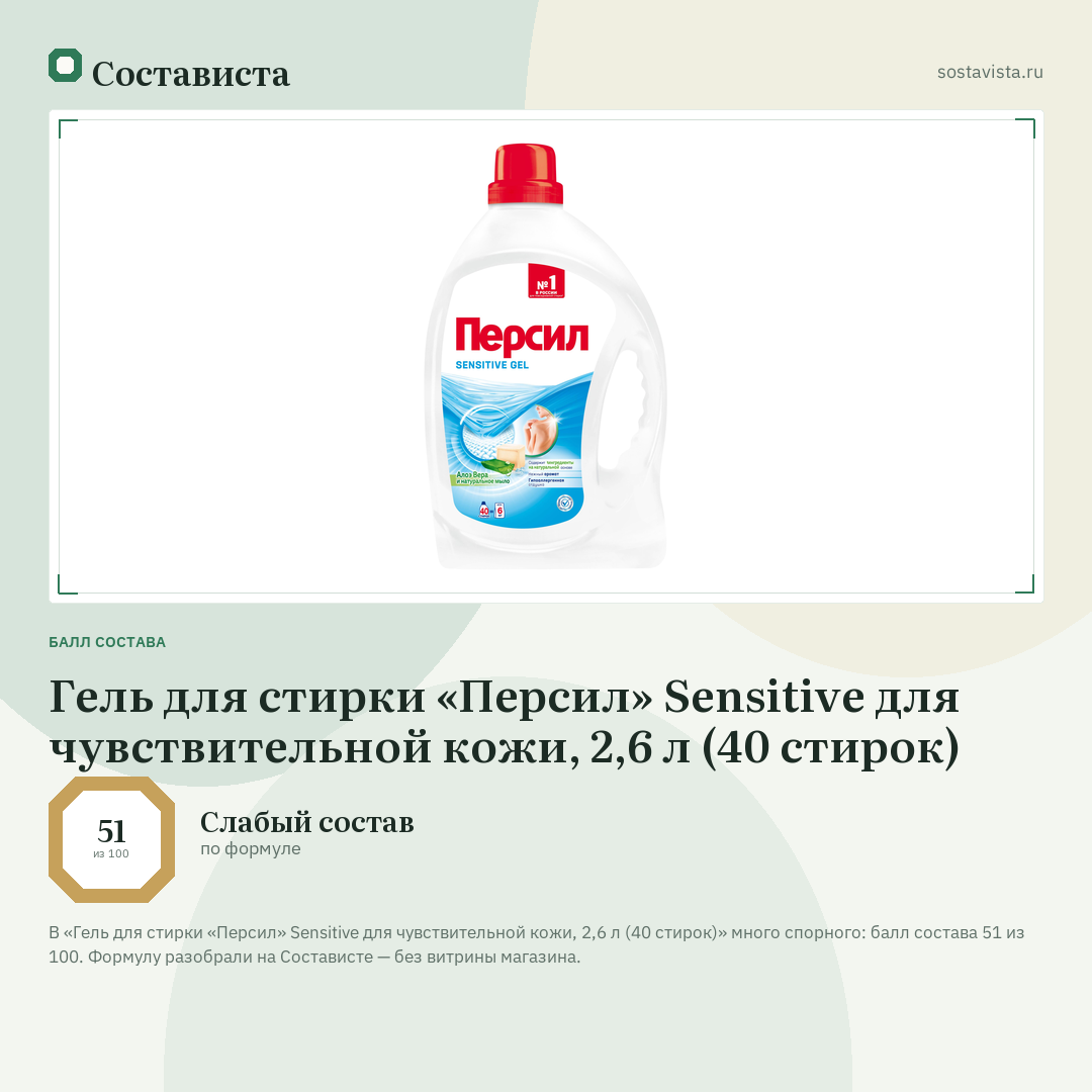 Гель для стирки «Персил» Sensitive для чувствительной кожи, 2,6 л (40 стирок): балл состава 51 из 100 — Состависта