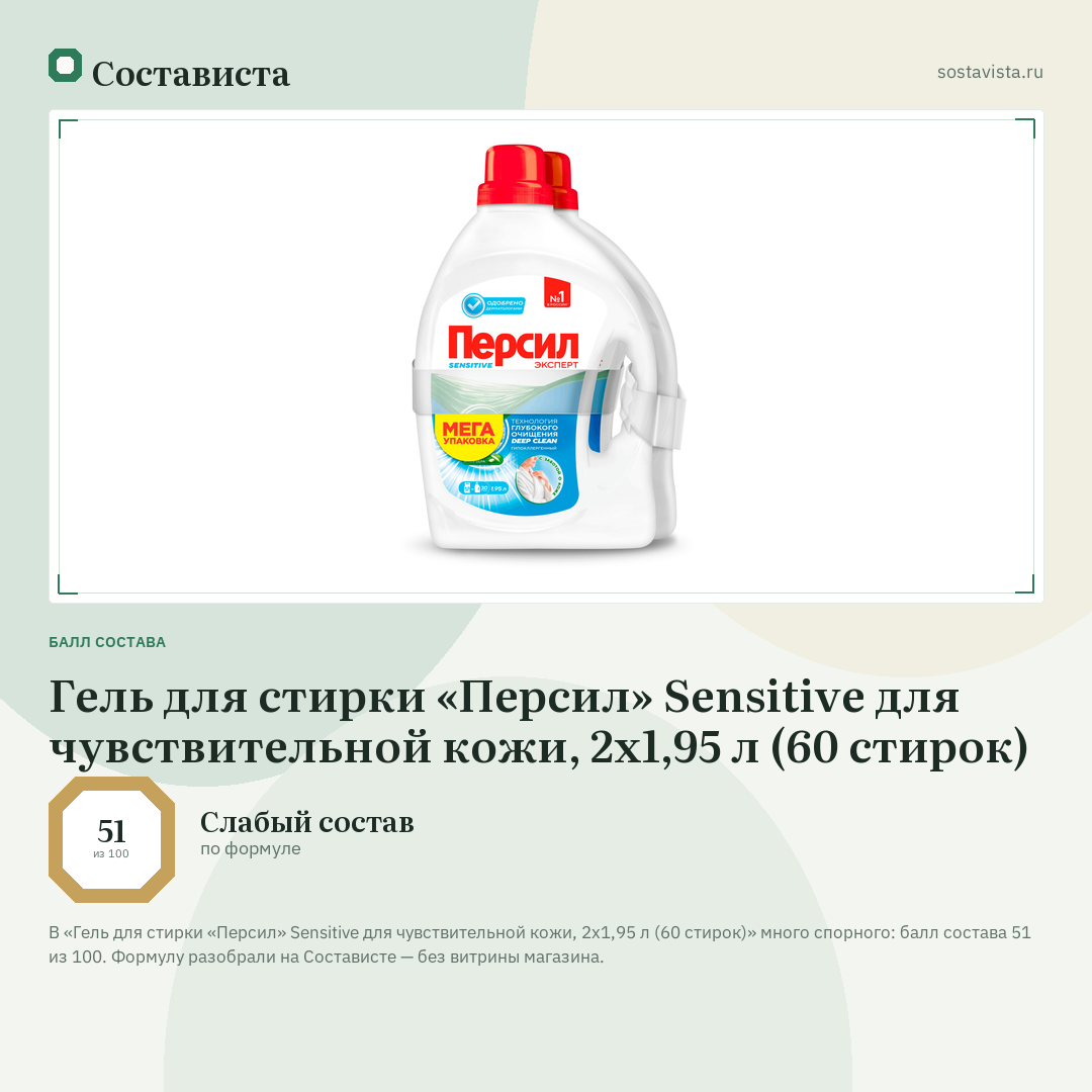 Гель для стирки «Персил» Sensitive для чувствительной кожи, 2х1,95 л (60 стирок): балл состава 51 из 100 — Состависта