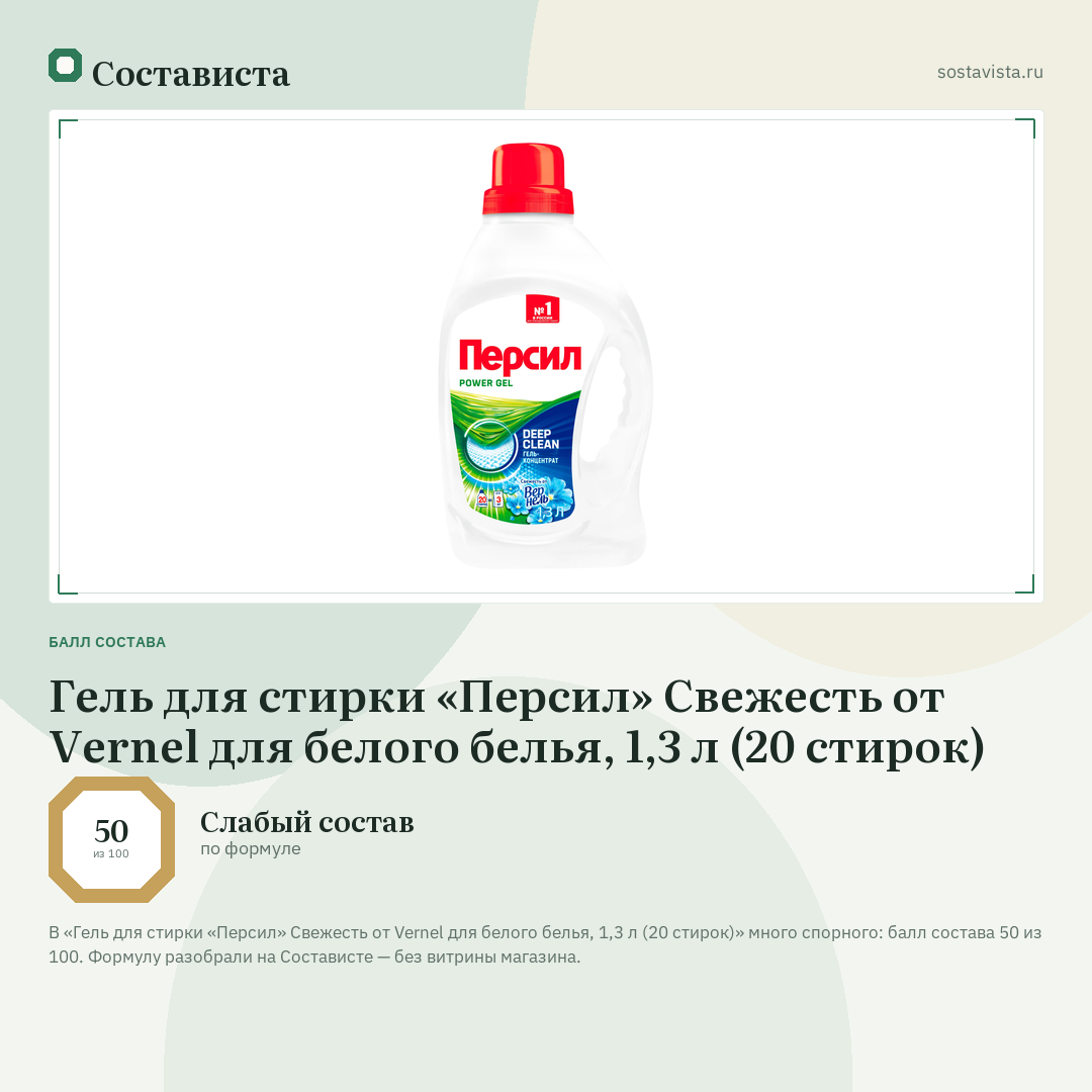 Гель для стирки «Персил» Свежесть от Vernel для белого белья, 1,3 л (20 стирок): балл состава 50 из 100 — Состависта