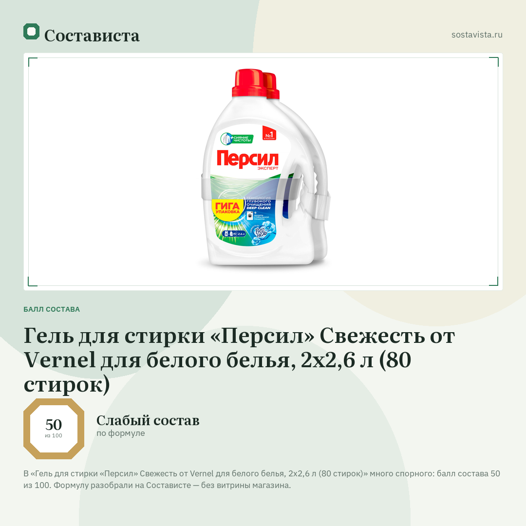 Гель для стирки «Персил» Свежесть от Vernel для белого белья, 2х2,6 л (80 стирок): балл состава 50 из 100 — Состависта