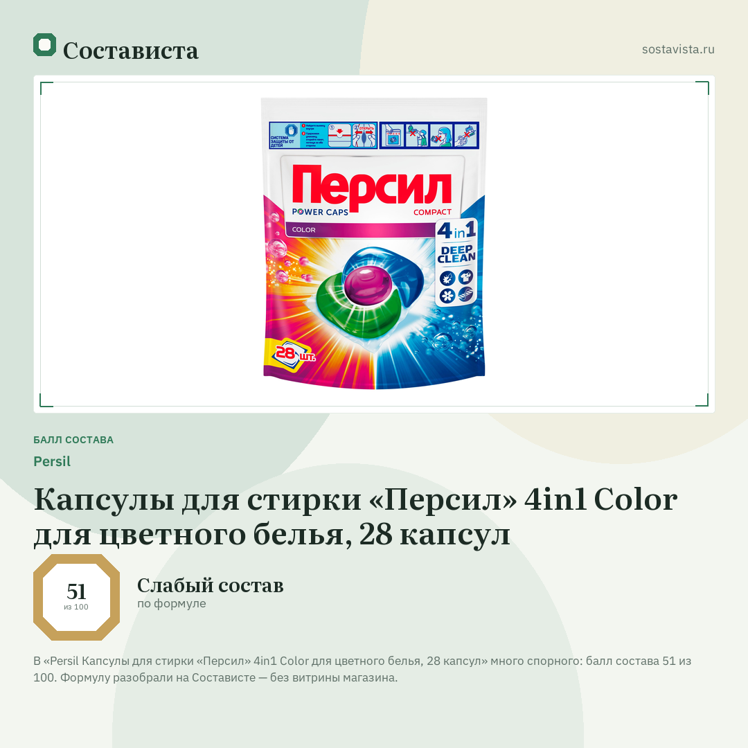 Persil Капсулы для стирки «Персил» 4in1 Color для цветного белья, 28 капсул: балл состава 51 из 100 — Состависта