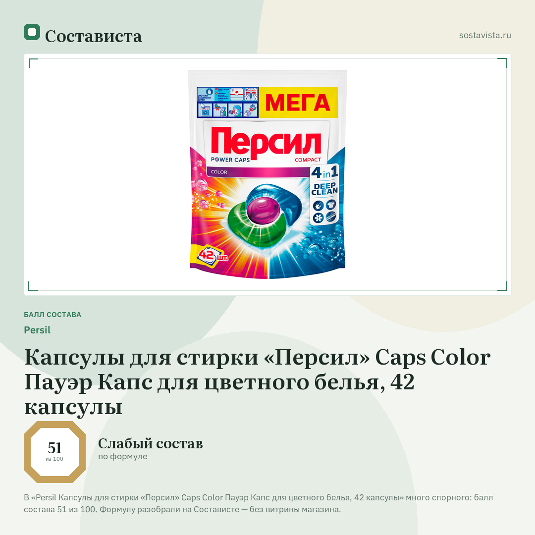 Persil Капсулы для стирки «Персил» Caps Color Пауэр Капс для цветного белья, 42 капсулы: балл состава 51 из 100 — Состависта