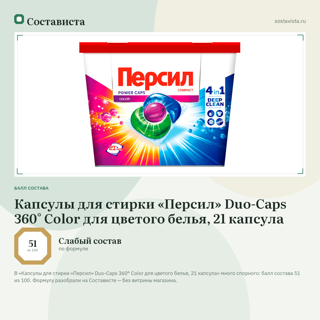 Капсулы для стирки «Персил» Duo-Caps 360° Color для цветого белья, 21 капсула: балл состава 51 из 100 — Состависта