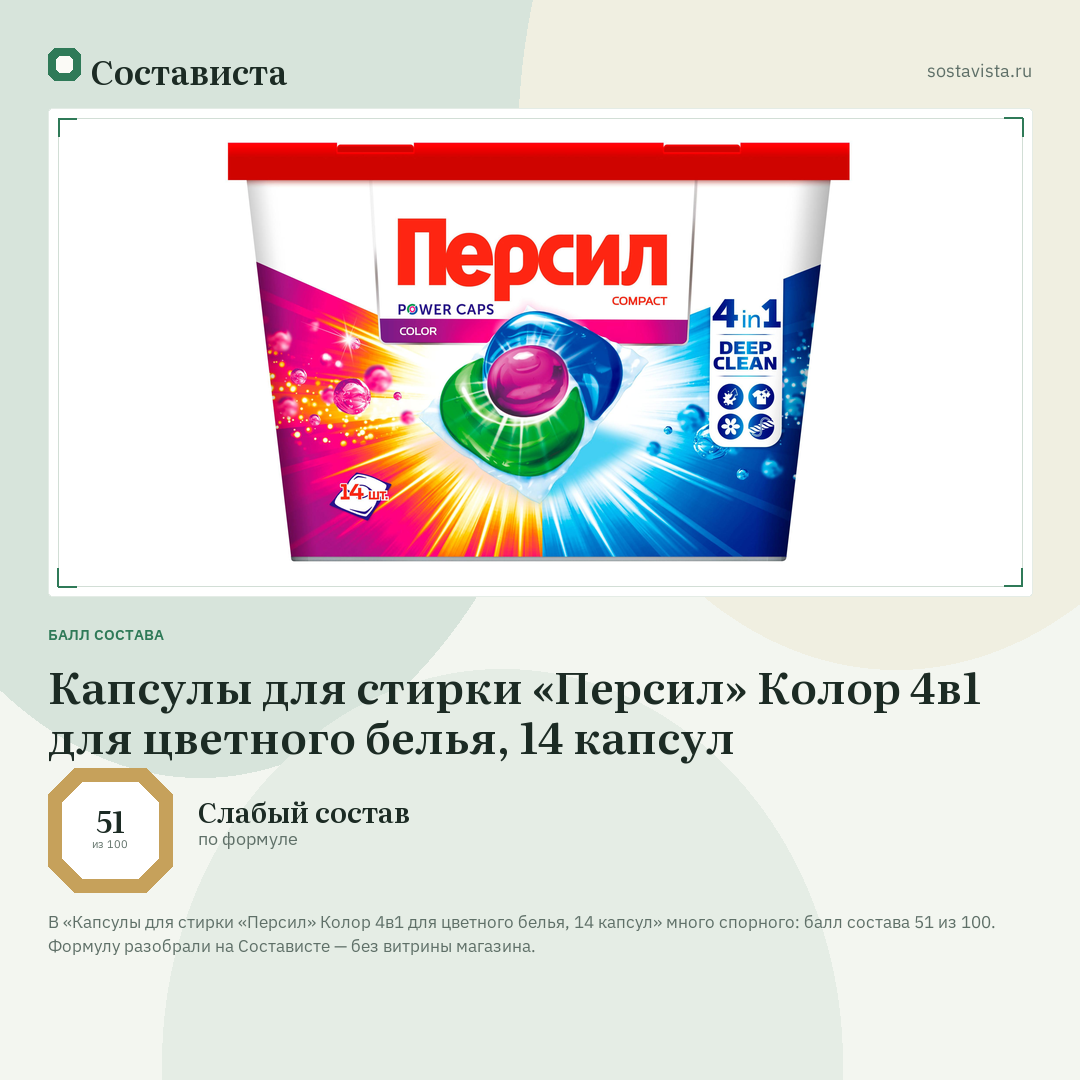 Капсулы для стирки «Персил» Колор 4в1 для цветного белья, 14 капсул: балл состава 51 из 100 — Состависта