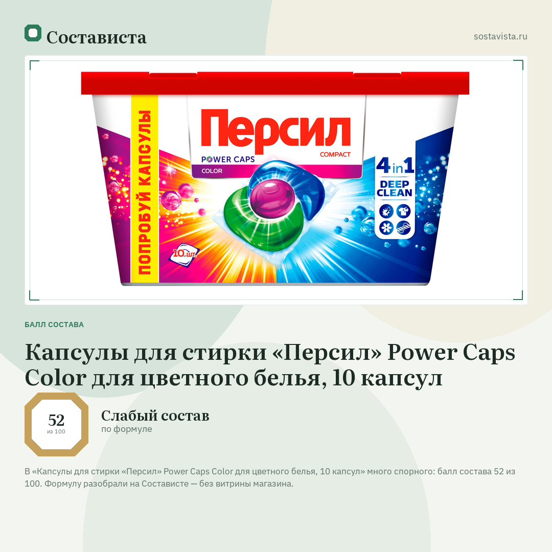 Капсулы для стирки «Персил» Power Caps Color для цветного белья, 10 капсул: балл состава 52 из 100 — Состависта