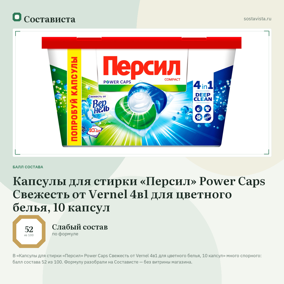 Капсулы для стирки «Персил» Power Caps Свежесть от Vernel 4в1 для цветного белья, 10 капсул: балл состава 52 из 100 — Состависта