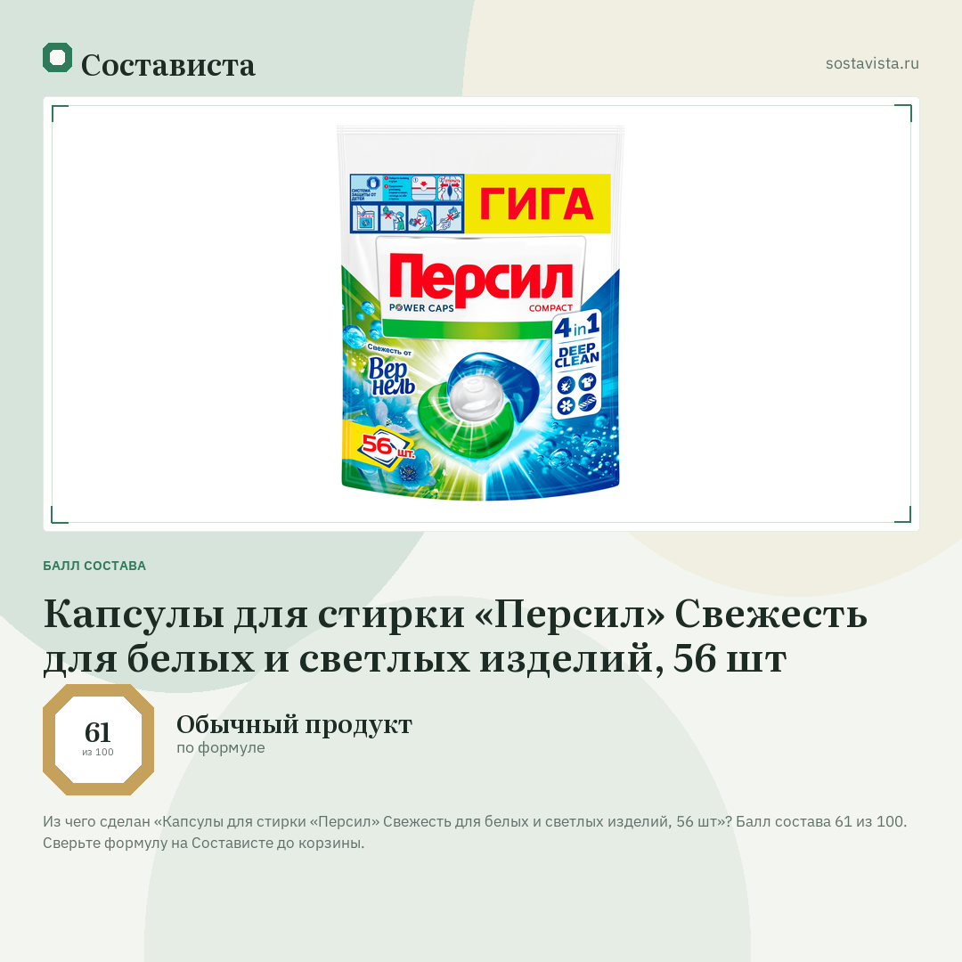 Капсулы для стирки «Персил» Свежесть для белых и светлых изделий, 56 шт: балл состава 61 из 100 — Состависта