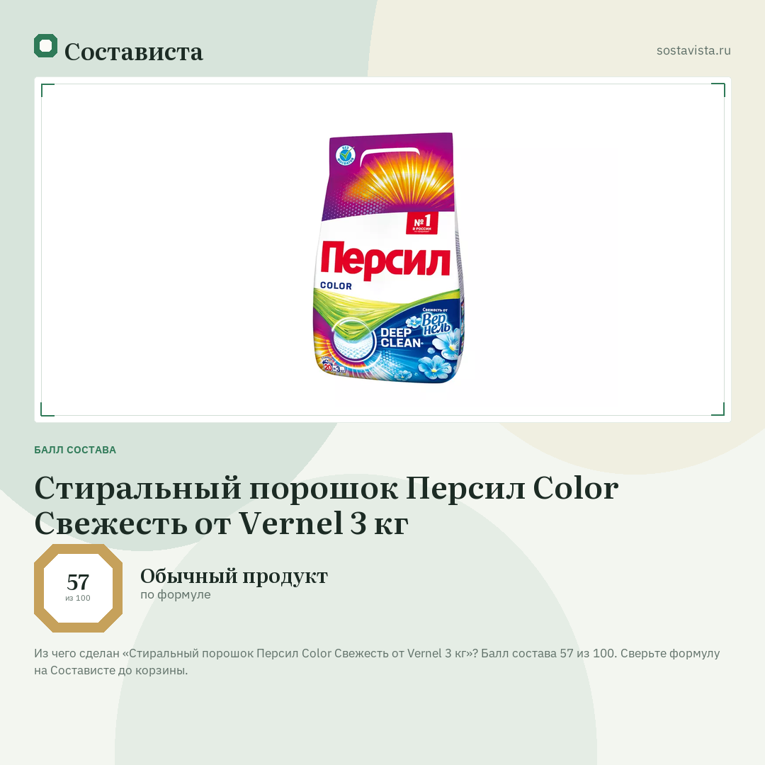 Стиральный порошок Персил Color Свежесть от Vernel 3 кг: балл состава 57 из 100 — Состависта