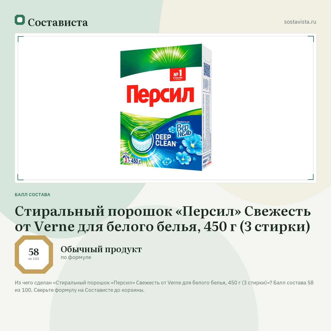 Стиральный порошок «Персил» Свежесть от Verne для белого белья, 450 г (3 стирки): балл состава 58 из 100 — Состависта