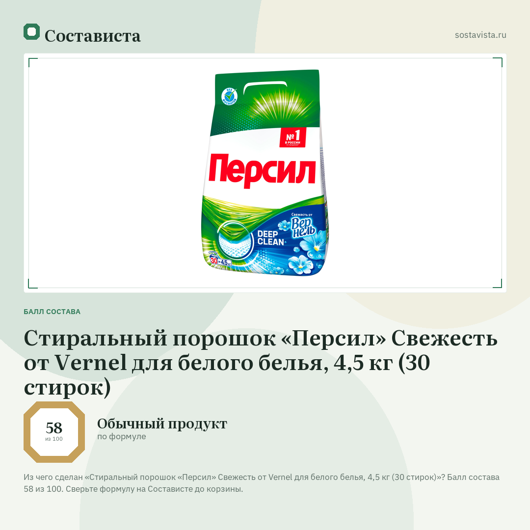Стиральный порошок «Персил» Свежесть от Vernel для белого белья, 4,5 кг (30 стирок): балл состава 58 из 100 — Состависта