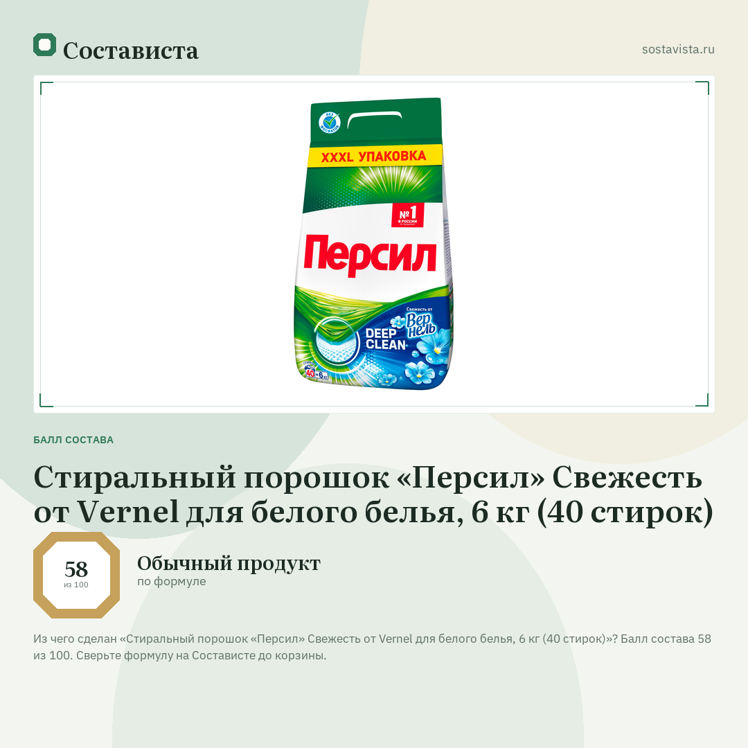 Стиральный порошок «Персил» Свежесть от Vernel для белого белья, 6 кг (40 стирок): балл состава 58 из 100 — Состависта
