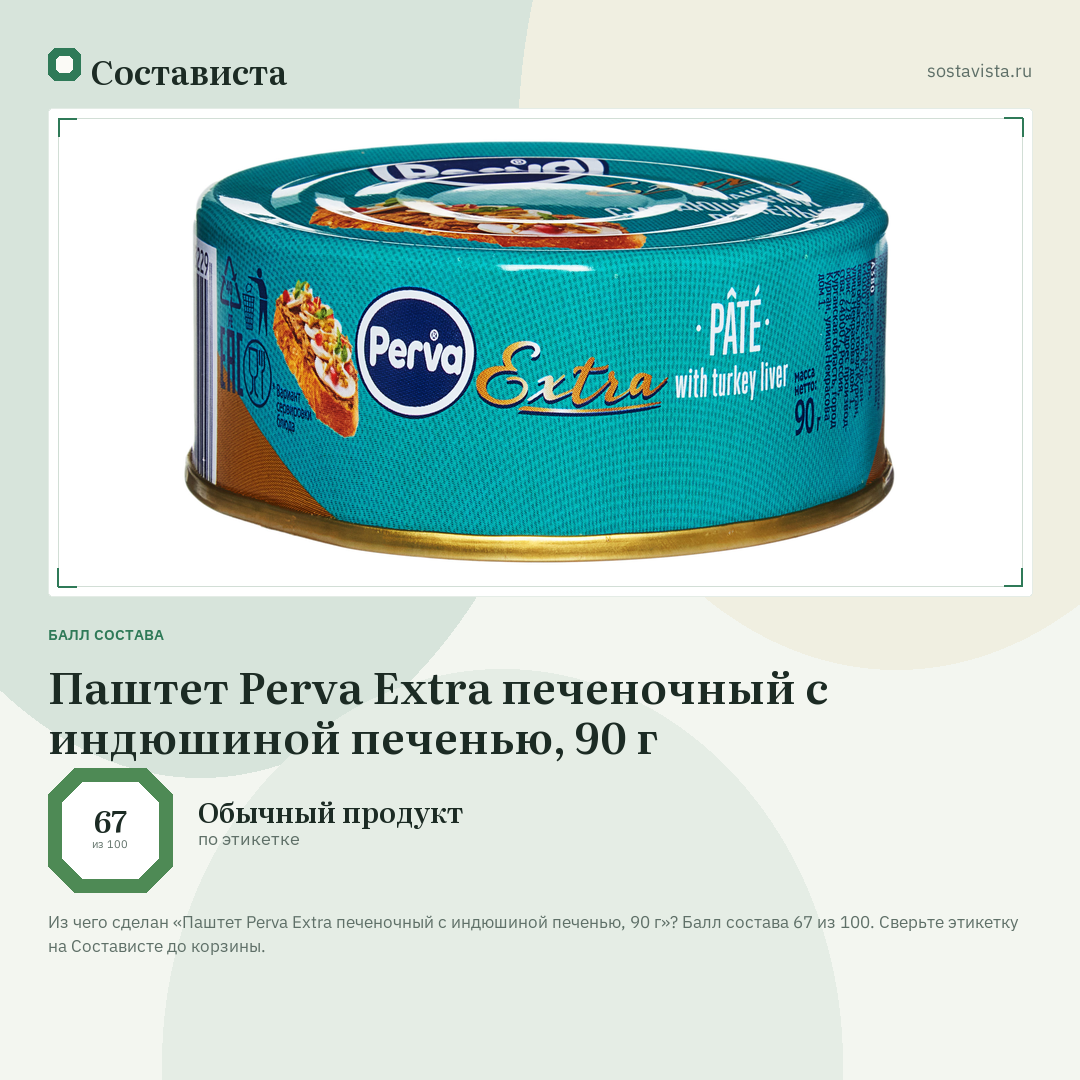Паштет Perva Extra печеночный с индюшиной печенью, 90 г: балл состава 67 из 100 — Состависта