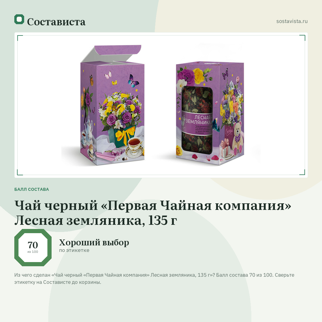 Чай черный «Первая Чайная компания» Лесная земляника, 135 г: балл состава 70 из 100 — Состависта